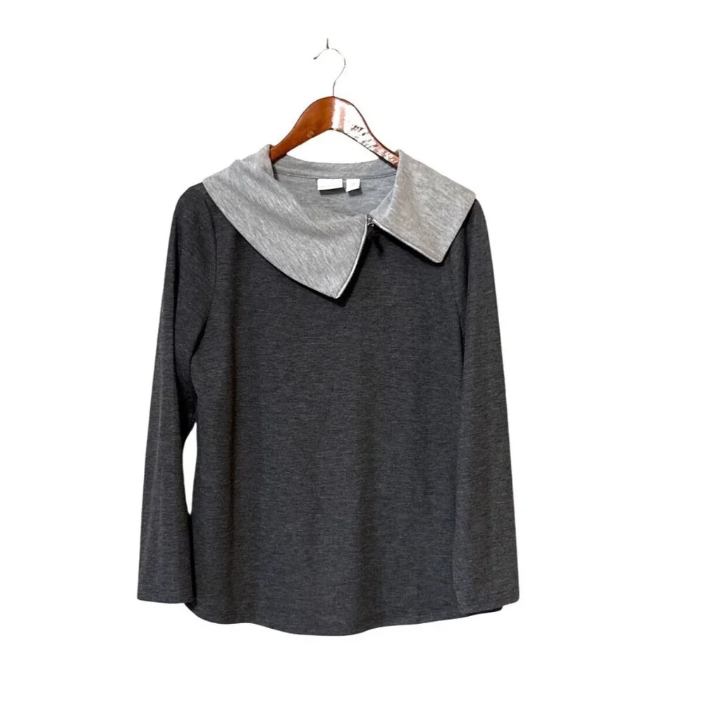Weekends By Chicos Gray Long Sleeve Top Light Gray Collar Womens Size M - Picture 1 of 4
